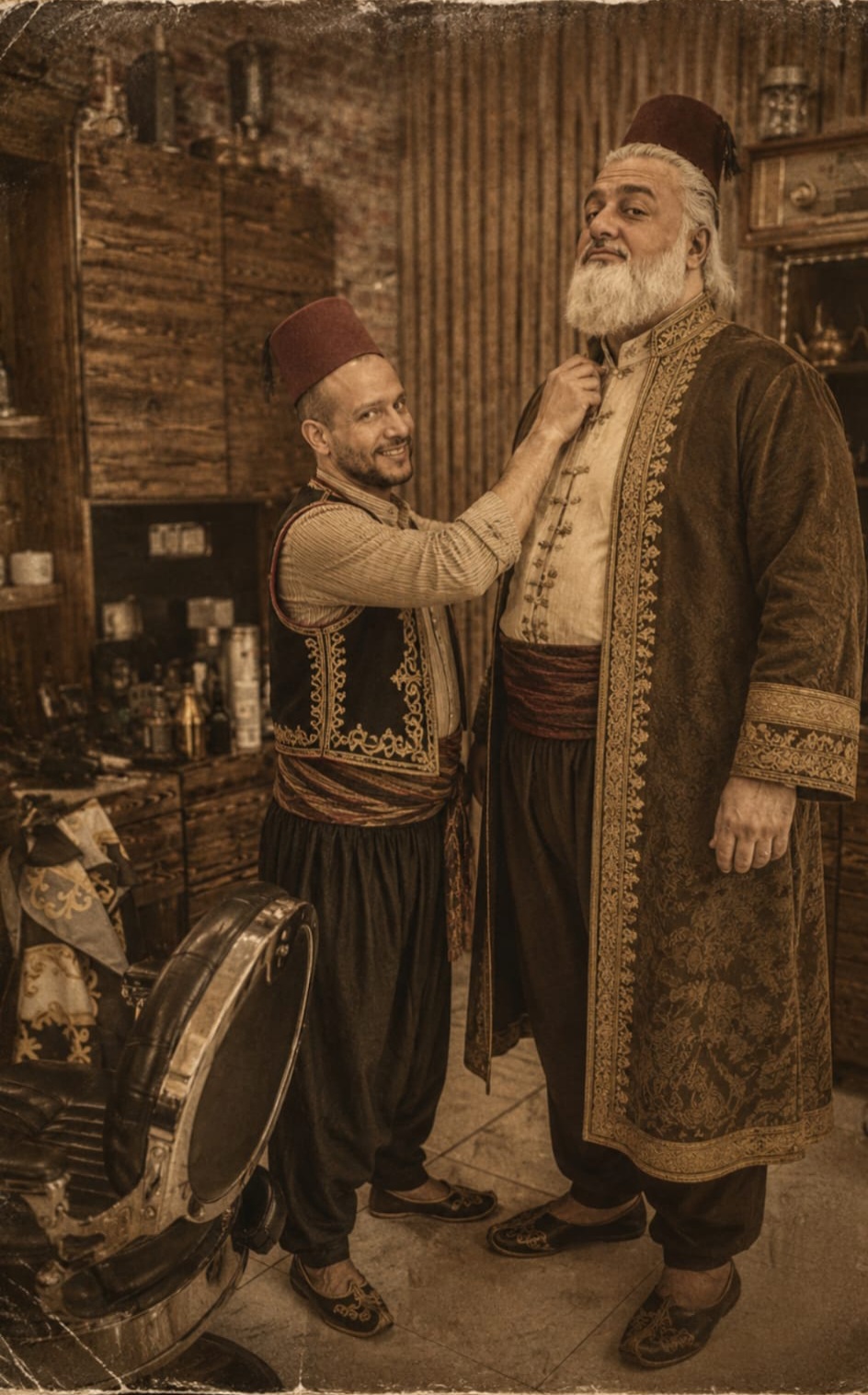 Meister und Lehrling in traditioneller Kleidung